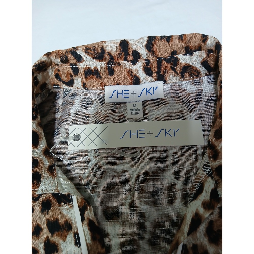 She + Sky Leopard Print Tiered Babydoll Mini Dress Ruffle Sleeve Brown White M - Picture 6 of 10